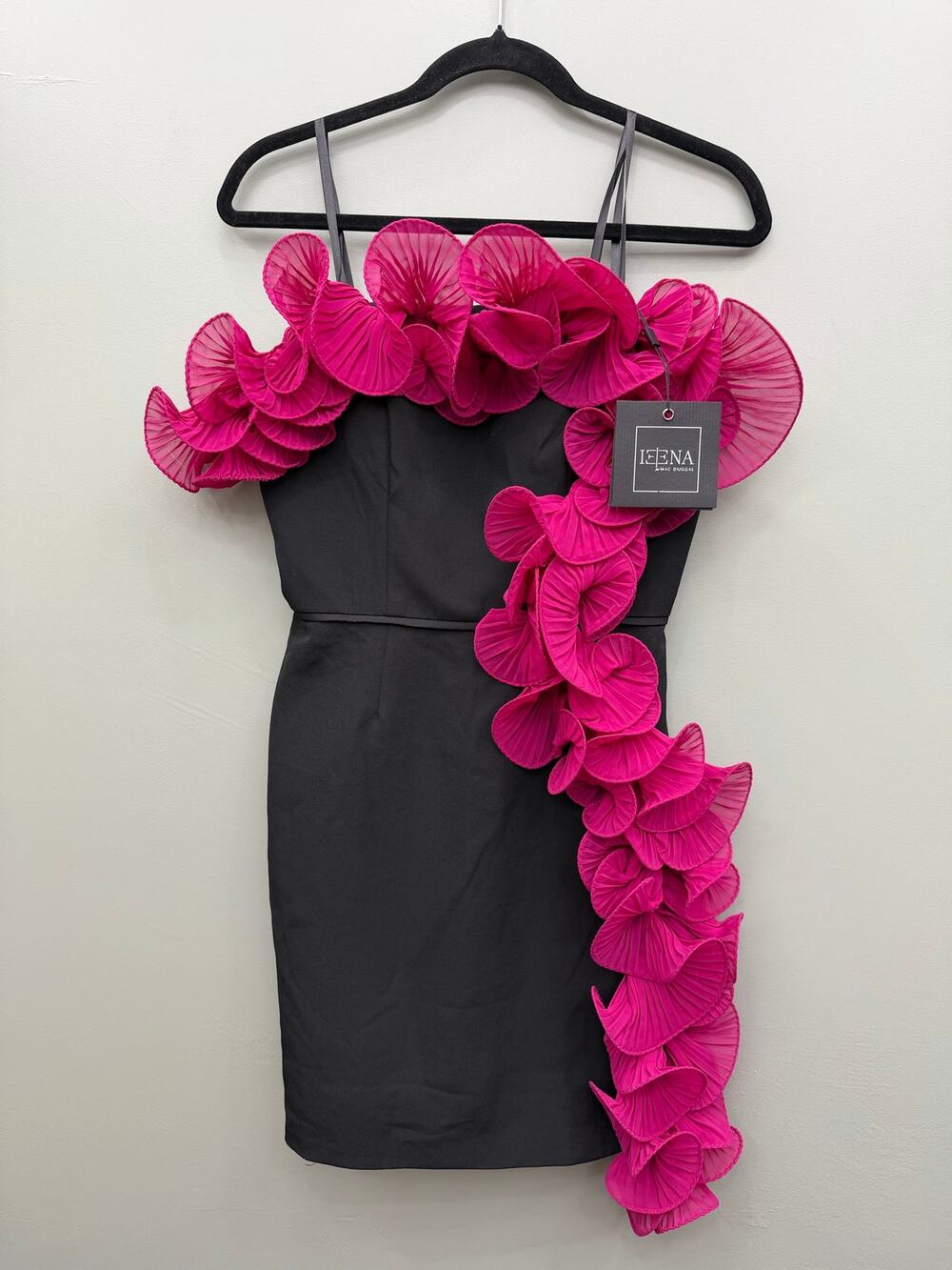 Ieena for Mac Duggal Size 4 Black Pink Ruffle Strapless Mini Cocktail Dress